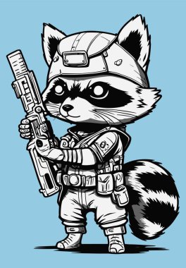 Raccoon wearing military helmet with rifle black-and-white vector illustration. Special animal forces. Army wild character
