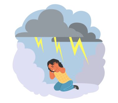 Child fears vector. Scared little girl afraid of lightning and thunderstorm outdoors. Terrified kid feel stressed and frightened bed weather