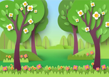 İllüstrasyonda çiçek ve ağaç olan bahar ormanı. Ormanlık doğal kağıt origami tarzında kesilmiş. Idyllic manzara, kır çiçekleri alan konsepti ile panoramik kırsal manzara