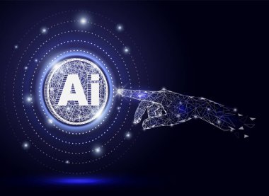 Çevrimiçi ağ fütürimiçi vektör illüstrasyonunda bilgi ve verilere erişim sağlamak için dijital yapay zeka sohbet robotuna elle dokunmak. Akıllı yapay zeka. Teknoloji yeniliği