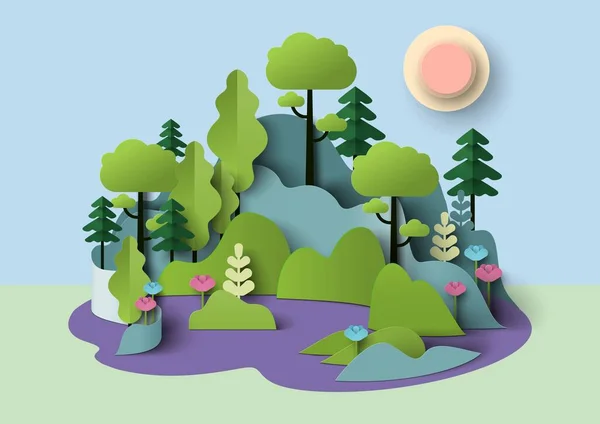 Векторная Иллюстрация Пейзажа Летнего Леса Деревянная Натуральная Бумага Вырезать Оригами — стоковый вектор