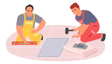 Erkek uzman işçi kat vektör çizimi yapıyor. Seramik malzemeler yerleştirmek için ustabaşının kullandığı bir alet. Ev onarım hizmeti kavramı