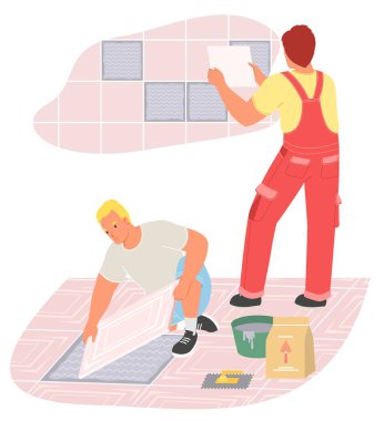 Tiling ana takımı zemini ve duvarı seramik taşıyıcı illüstrasyonla donatıyor. İki zanaatkar ev onarımı ya da apartman onarımı üzerinde çalışıyor. Profesyonel hizmet kavramı