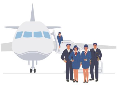 Vector flight crew standing together at airplane illustration. Professional airline team in uniform. Ship captain and co-pilot and stewardesses service people clipart