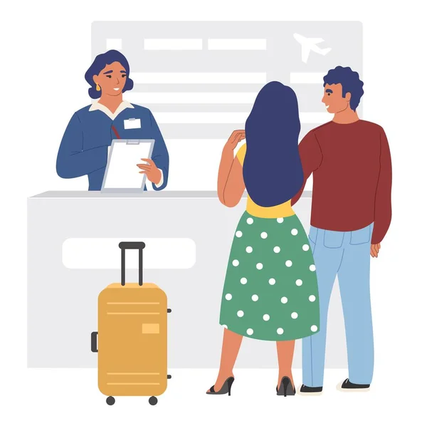 空港のパスポートコントロールまたはチェックインデスクでベクトルマンと女性の家族のカップル 夏休みに行く航空機ターミナルで荷物を持つ観光客のペアや旅行漫画のイラスト — ストックベクタ