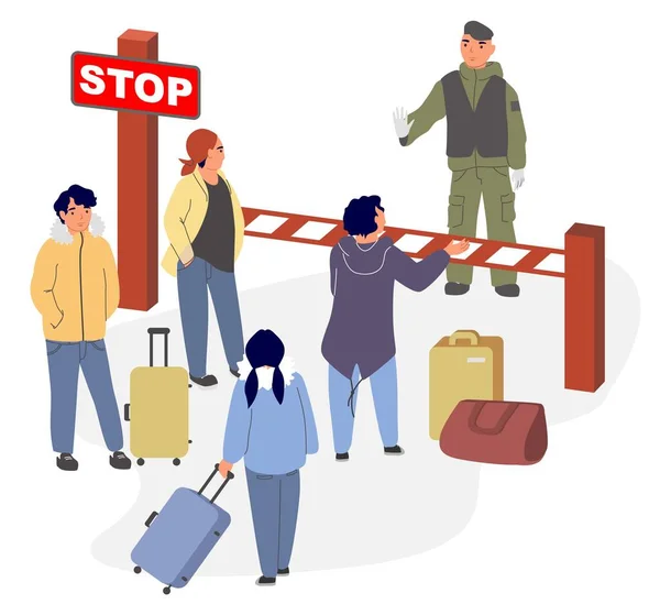 国境警備隊交差道路ベクトルイラストを禁止します 荷物袋を持つ人々の道を開くのを待っている 国の公式制限概念 — ストックベクタ