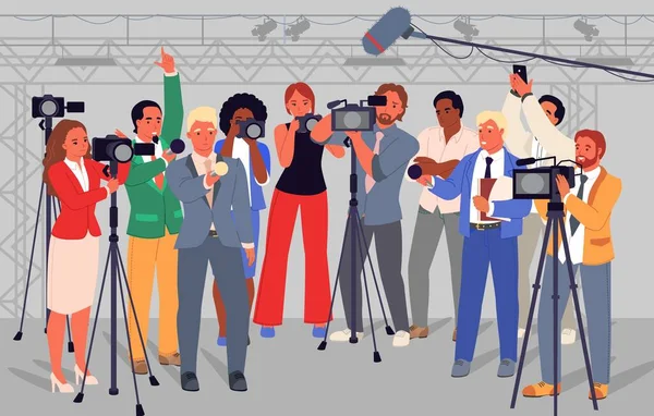 Толпа Журналистов Журналистов Микрофонами Камерами Видео Фотосъемки Векторной Иллюстрации Концепция — стоковый вектор