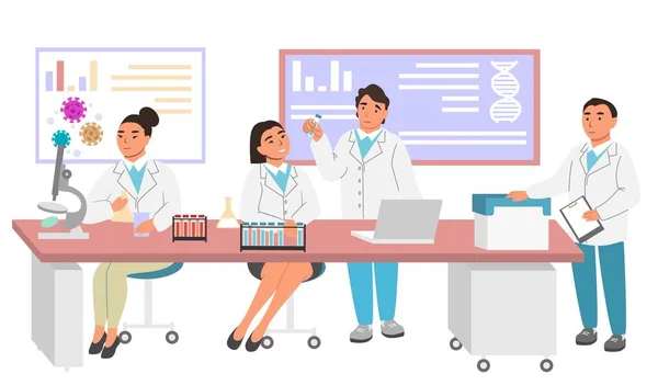 Scientist Team Working Laboratory Vector Illustration Doctors Chemical Researchers Lab — Stock Vector