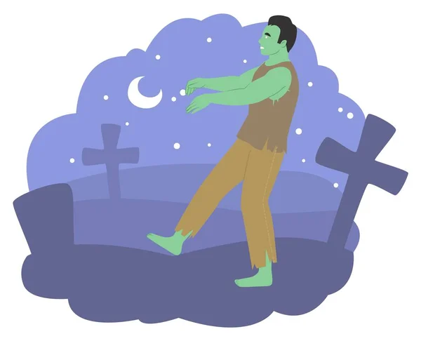 Děsivý Kreslený Zombie Kráčející Hřbitově Vektorové Ilustrace Pozadí Děsivou Krajinou — Stockový vektor