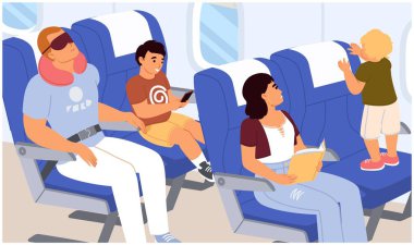 Uçak çiziminde çocuklu vektör uçuş yolcuları. Ekonomi sınıfında seyahat eden çocuklu insanlar. Uyuyan adamla uçağın içinde, kadınları okuyor ve yeni yürümeye başlayan bebekle oynuyor.