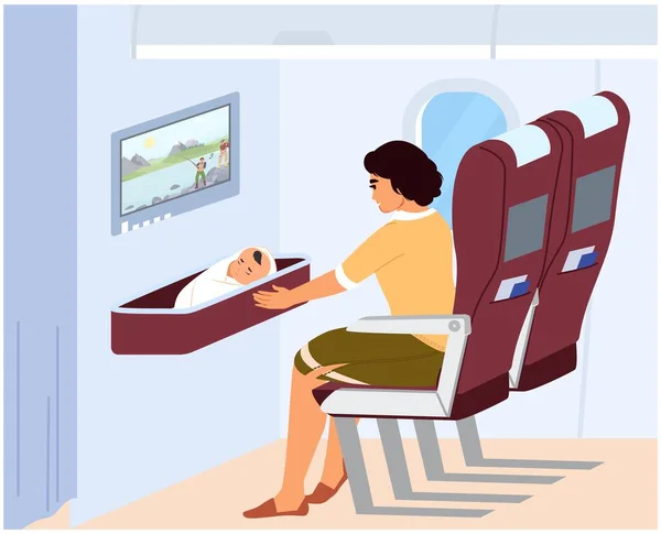 Yeni Doğmuş Bebek Vektör Çizimi Olan Kadın Uçak Yolcusu Çocuklu — Stok Vektör