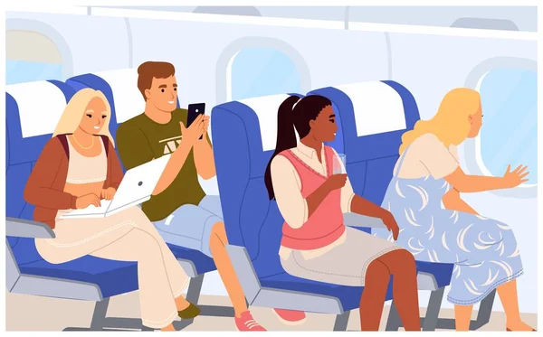 Wektorzy Pasażerowie Siedzą Wewnątrz Ilustracji Samolotu Mężczyzna Kobieta Podróżują Samolotem — Wektor stockowy