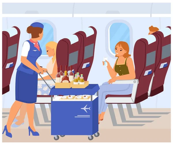 Uçuş Görevlisi Uçak Taşıyıcı Illüstrasyonundaki Yolculara Yiyecek Içecek Servisi Yapıyor — Stok Vektör