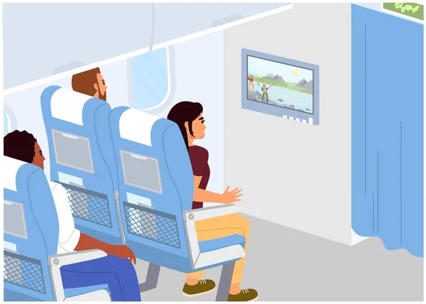 Pasażerowie Wektorów Oglądają Film Ekranie Telewizora Podczas Lotu Koncepcja Rozrywki — Wektor stockowy