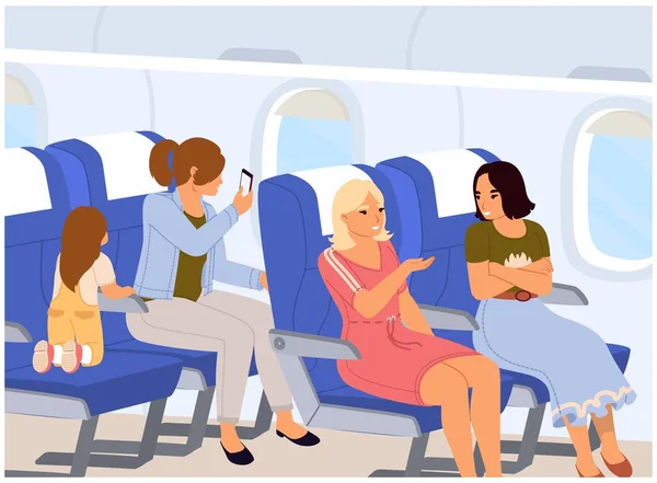 Szczęśliwi Pasażerowie Wewnątrz Ilustracji Wektora Samolotu Rozmawiają Przyjaciółki Matka Córka — Wektor stockowy