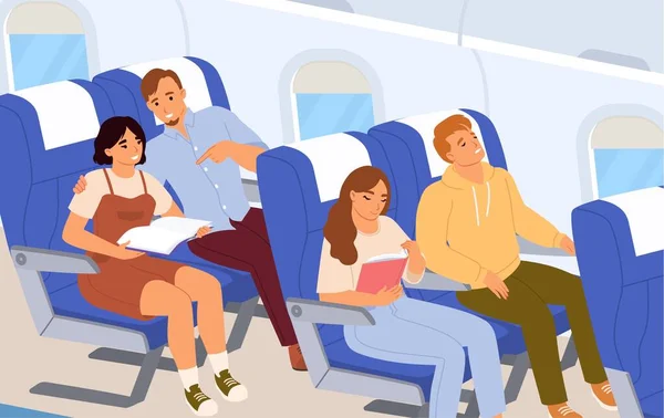 Uçağın Düz Vektör Illüstrasyonundaki Yolcular Çizgi Filmciler Uçakla Yurtdışına Seyahat — Stok Vektör