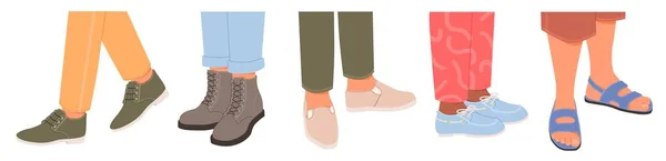 異なる靴ベクトルイラストを身に着けている男性足 ブーツ モカシン 白い背景に隔離された人の足のフリップフロップのような季節の履物 カジュアルでエレガントなフットギアファッション — ストックベクタ