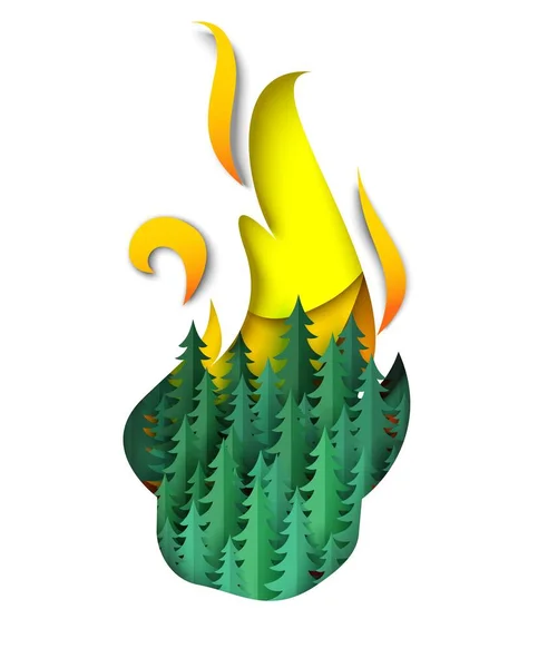 Skogen Brand Lågan Vektor Illustration Brännande Barrträd Ikonen Papercut Hantverk — Stock vektor