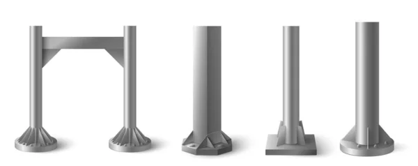 異なる形状と直径セットを持つ耐久性のある鋼棒 現実的な金属製のバナーマウントとホルダーベクトルのイラストは 白い背景に隔離された — ストックベクタ