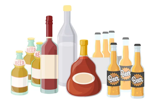 Ilustracja Wektora Alkoholu Odizolowane Butelkowane Piwo Wódka Koniak Wino Białym — Wektor stockowy