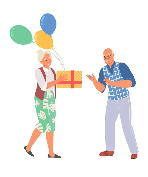 シニア男性ベクトルイラストのための風船とロマンチックなギフトボックスを与える高齢女性 幸せな愛するシニアカップルお祝いの誕生日パーティーや記念日白の背景に隔離された — ストックベクタ