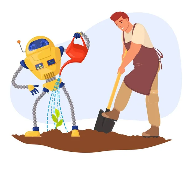 Robot Помогает Человеку Фермеру Процессе Посадки Садовых Векторов Автоматизированная Фермерская — стоковый вектор