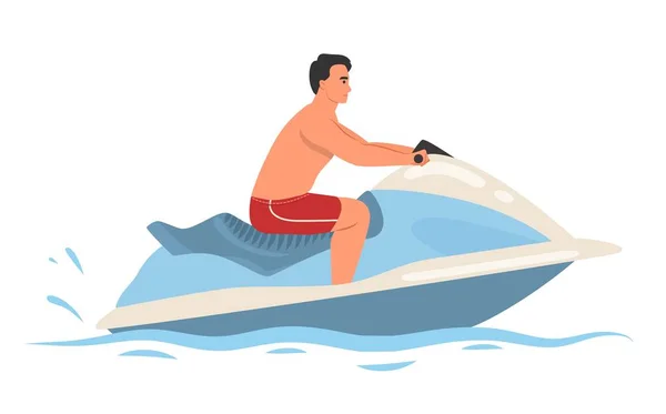 水上バイクジェットベクトルイラストに乗って若い男の文字 リゾートビーチアクティビティを楽しむ男性の観光客 夏休みレジャー 極端なウォータースポーツレクリエーションのコンセプト — ストックベクタ