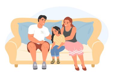 Anne ve baba, ağlayan, üzgün, küçük kız vektör illüstrasyonunu rahatlatıyor. Mutsuz çocuğu destekleyen ebeveynler beyaz arka planda izole bir şekilde evde oturuyor.