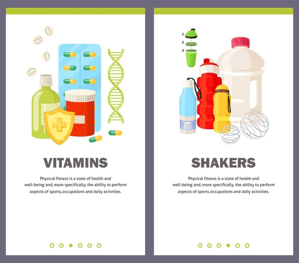 Vitaminok Shakers Koncepció Mobil Alkalmazás Website Banner Sablon Táplálkozás Sportkiegészítő — Stock Vector