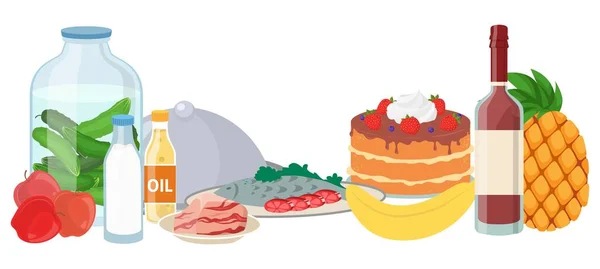 Different food and drink set for breakfast, lunch and dinner vector illustration. Fresh ripe vegetables and fruits, sliced fish, sausage and bacon, cake, bottle of milk, oil and wine products for