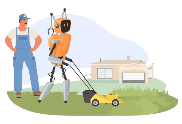 Yapay Zeka Robot Yardımcısı Arka Bahçedeki Vektör Illüstrasyonunda Çim Biçme — Stok Vektör