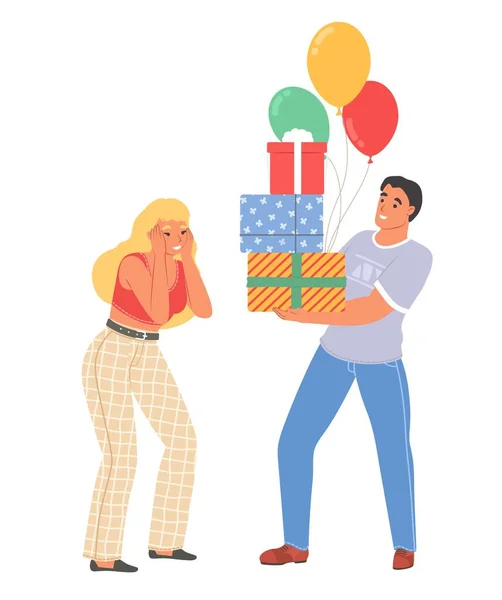 Homem Apresentando Presentes Embrulhado Pacote Balões Para Ilustração Vetorial Mulher — Vetor de Stock
