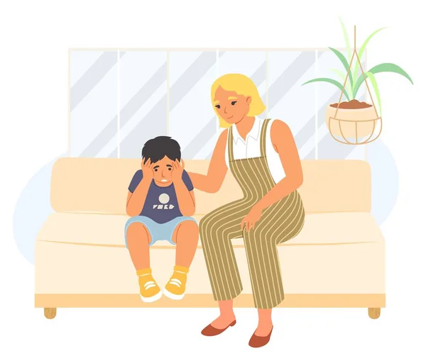 白い背景に孤立した家庭用ソファベクトルイラストに座って悲しい息子の子供をサポートする愛する母親 素敵な会話 親と子供のコミュニケーションコンセプト — ストックベクタ