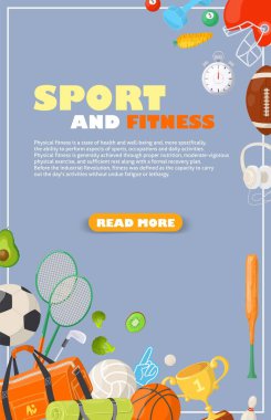 Web sitesi afiş şablon çizimi için spor ve fitness konsepti. Spor malzemeleri, spor kıyafetleri ve online spor hizmeti reklamları için uygun aksesuarlar.