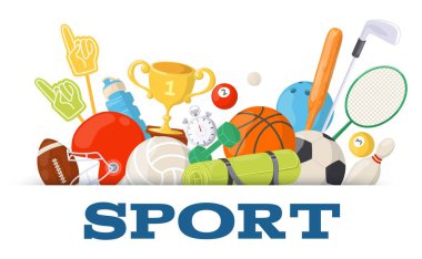 Oyun, jimnastik ya da fitness eğitimi öğeleri ikonları vektör illüstrasyonlu spor afişi tasarımı şablonu. Sağlıklı yaşam tarzı, spor eğlence aktivitesi ve başarı konsepti