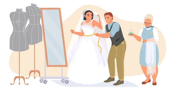Krejčí Mistr Měřením Montáž Hezké Nevěsty Pro Krásné Svatební Šaty — Stockový vektor