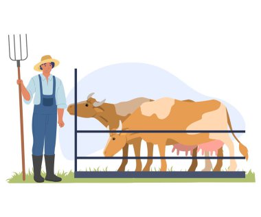 Erkek çiftçi vektör çiziminde ineğe bakıyor. Erkek çiftlik işçisi beyaz arka planda yabayla hayvancılık yapıyor. Tarım ve köy tarım arazisi kavramı