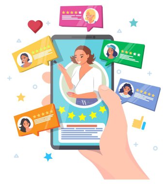 Makyöz vektör çizimi. Cep telefonu ekranındaki profesyonel güzellik uzmanıyla güzellik salonunun farklı görüşleri var.