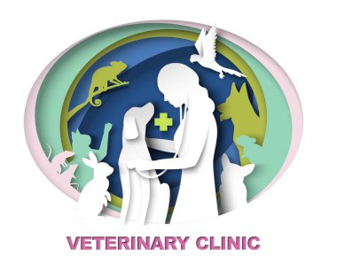 Veteriner kliniği reklam afişi kağıt kesiği tarzında. Kadın doktor farklı evcil hayvan örneklerini çevreleyen köpekleri tedavi ediyor.
