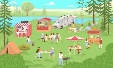 Forest Park vektör ilüstrasyonunda yemek festivali. İnsanlar lezzetli yemekler yiyor, boş zamanlarını geçiriyor ve hafta sonları eğleniyorlar.