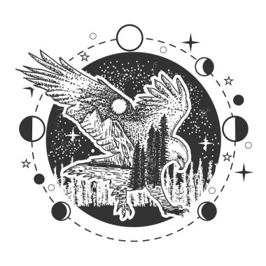 Gece ormanı üzerindeki vahşi kartal silueti. Boho tarzı kuş. Aylı mistik sanat, köknar ağaçları ve yıldız sembolü, dövme vektör illüstrasyonu