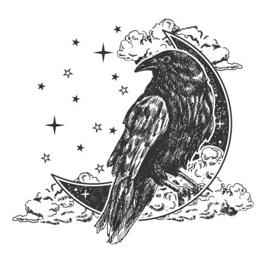 Mistik boho siyah kuzgun vektör çizimi. Beyaz arka planda izole edilmiş kutsal geometri simya ve masonik sembollü vahşi kuş süsleme kompozisyonu