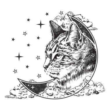 Ay kedisi logosu hilal ay ile boho hayvan tasarımı. Gotik gizemli esrarengiz grafik vektör çizimi