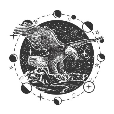 Siyah-beyaz oymalı kartal vektör çizimi. Dağ tepelerinde uçan vahşi kuş. Mistik sembol, simya okült işareti, mitolojik logo