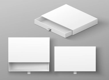 Kurdele vektör illüstrasyonlu karton kutu. Açık ve kapalı paket izole edildi. Marka sunumu ya da kozmetik ürünleri için gerçekçi bir şablon