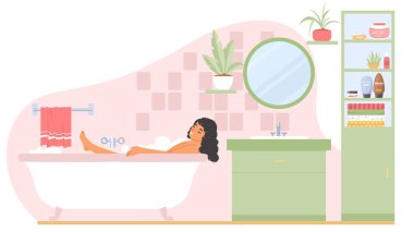 Çalışkan bir günün ardından banyoda dinlenen genç bir kadın. Kadın karakter sahnesi küvette yatıyor.