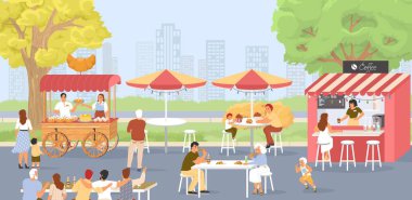 Sokak yemekleri festivali vektör sahnesi, mutlu beslenen insanlar. Yaz parkı manzarası farklı yerel marketlerle abur cuburlar ve müşteri karakterleri resimleriyle dolu içecekler.