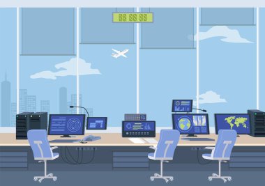Uluslararası havacılık güvenliği yönetimi ve ulaşım vektör çizimi için içi bilgisayar ve uçak trafik izleme teknolojisiyle dolu boş havaalanı kontrol odası
