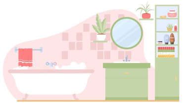 Mobilya düz dizayn iç tasarım çizimi olan banyo. Dinlenmek ve dinlenmek için ev tuvaleti, temizlik prosedürünü küvet, lavabo, ayna, tuvalet için dolap ile yıkamak.