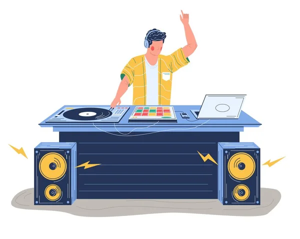 Young Man Standing Turntable Mixing Music Tracks Dancing Vector Illustration — Stock Vector
